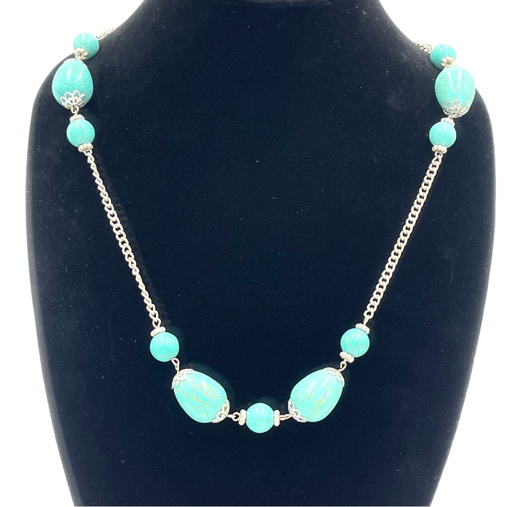 Vintage Native American Silver Tone Genuine Turquoise  26” Necklace 76grams